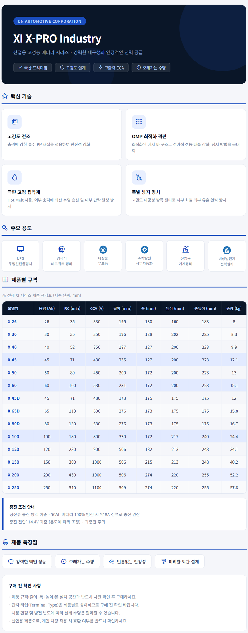 X-PRO 산업용 배터리 제원표 및 기술특성 이미지